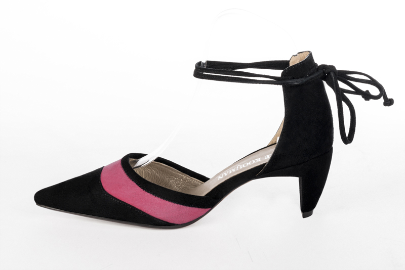 Matt black and shocking pink women's open side shoes, with lace straps. Pointed toe. Medium comma heels. Profile view - Florence KOOIJMAN